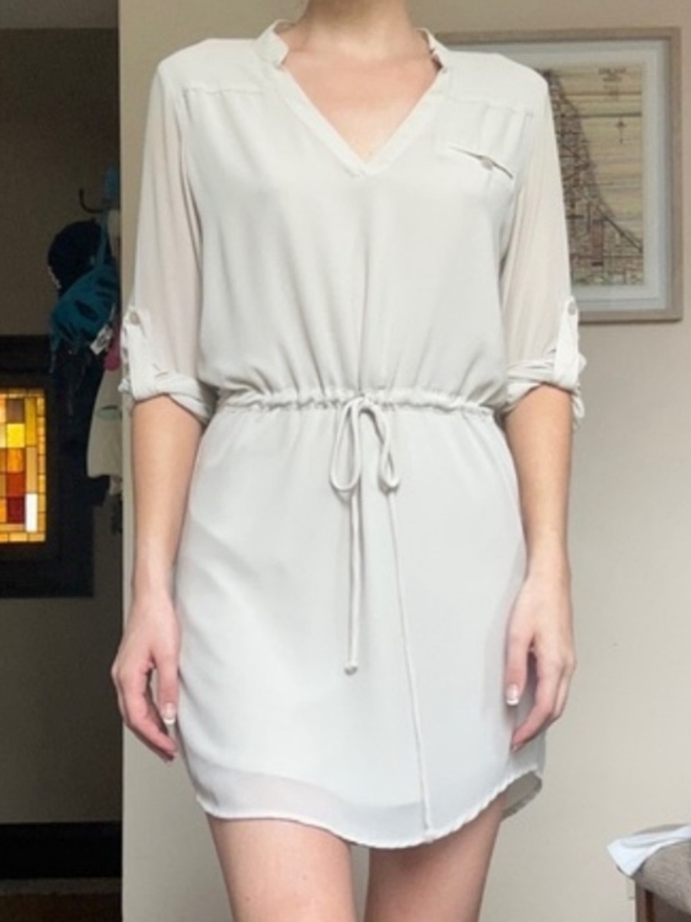 Anthropologie Naked Zebra Tie Waist Tunic Dress Cream S or M Like New